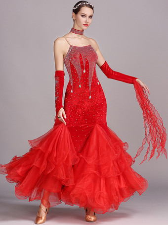 レッド 社交ダンス衣装 バーガンディ レディース セクシー ストラップ ネック ポリエステル ドレス レース ラインストーン ダンスウェア