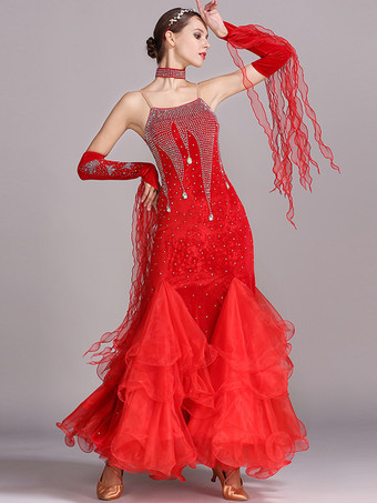 社交ダンス衣装 バーガンディ レディース セクシー ストラップ ネック ポリエステル ドレス レース ラインストーン ダンスウェア