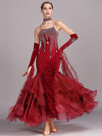 社交ダンス衣装 バーガンディ レディース セクシー ストラップ ネック ポリエステル ドレス レース ラインストーン ダンスウェア