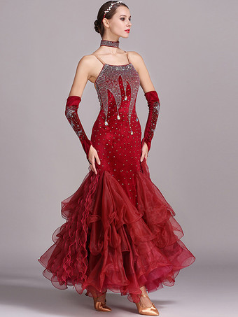 社交ダンス衣装 バーガンディ レディース セクシー ストラップ ネック ポリエステル ドレス レース ラインストーン ダンスウェア