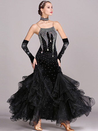 ブラック 社交ダンス衣装 バーガンディ レディース セクシー ストラップ ネック ポリエステル ドレス レース ラインストーン ダンスウェア