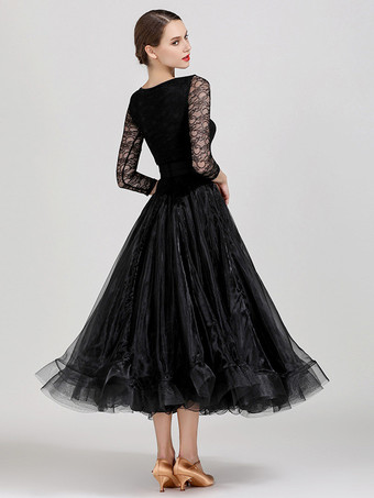 社交ダンス衣装 ライトスカイブルー レディース セクシー ジュエルネック ポリエステルドレス ティアード レース レイヤード ダンスドレス