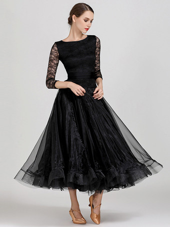 社交ダンス衣装 ライトスカイブルー レディース セクシー ジュエルネック ポリエステルドレス ティアード レース レイヤード ダンスドレス