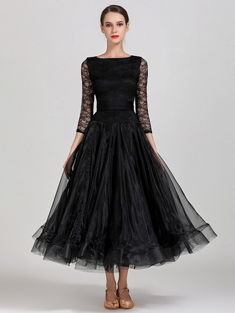 社交ダンス衣装 ライトスカイブルー レディース セクシー ジュエルネック ポリエステルドレス ティアード レース レイヤード ダンスドレス