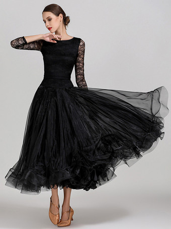 ブラック 社交ダンス衣装 ライトスカイブルー レディース セクシー ジュエルネック ポリエステルドレス ティアード レース レイヤード ダンスドレス