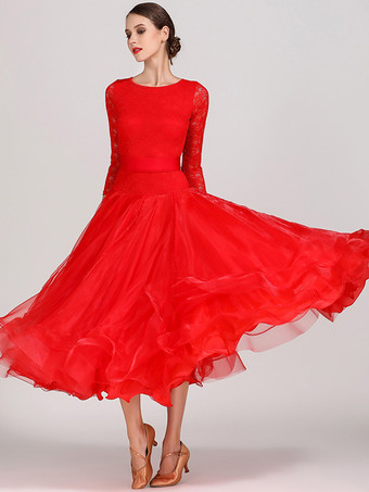 レッド 社交ダンス衣装 ライトスカイブルー レディース セクシー ジュエルネック ポリエステルドレス ティアード レース レイヤード ダンスドレス