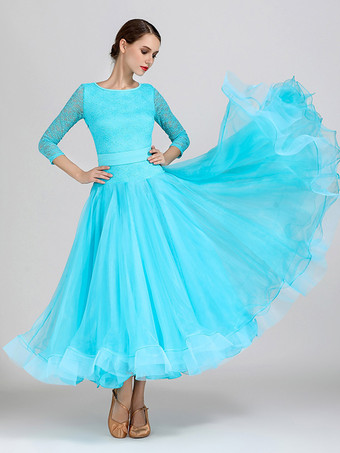 社交ダンス衣装 ライトスカイブルー レディース セクシー ジュエルネック ポリエステルドレス ティアード レース レイヤード ダンスドレス