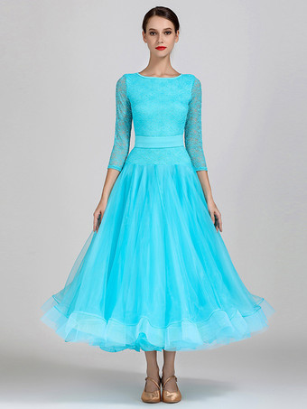 社交ダンス衣装 ライトスカイブルー レディース セクシー ジュエルネック ポリエステルドレス ティアード レース レイヤード ダンスドレス