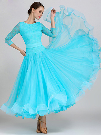 ライトスカイブルー社交ダンス衣装 ライトスカイブルー レディース セクシー ジュエルネック ポリエステルドレス ティアード レース レイヤード ダンスドレス