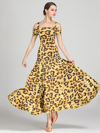 イエロー社交ダンス衣装 ティール レディース セクシー ポリエステル 花柄 ストラップ ネック ドレス ダンスドレス