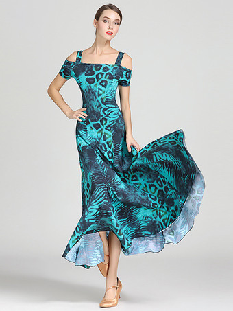 ティール社交ダンス衣装 ティール レディース セクシー ポリエステル 花柄 ストラップ ネック ドレス ダンスドレス