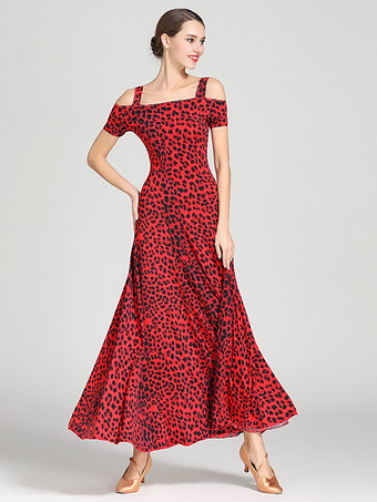 レッド 社交ダンス衣装 ティール レディース セクシー ポリエステル 花柄 ストラップ ネック ドレス ダンスドレス