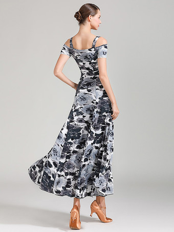 社交ダンス衣装 ティール レディース セクシー ポリエステル 花柄 ストラップ ネック ドレス ダンスドレス