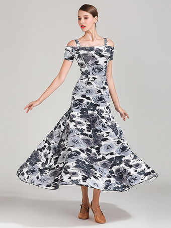 グレイ社交ダンス衣装 ティール レディース セクシー ポリエステル 花柄 ストラップ ネック ドレス ダンスドレス