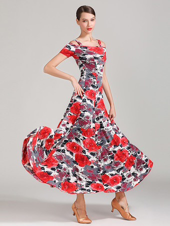 社交ダンス衣装 ティール レディース セクシー ポリエステル 花柄 ストラップ ネック ドレス ダンスドレス