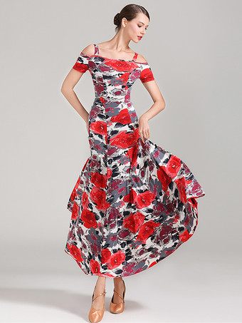 社交ダンス衣装 ティール レディース セクシー ポリエステル 花柄 ストラップ ネック ドレス ダンスドレス