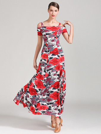 ライトグレー 社交ダンス衣装 ティール レディース セクシー ポリエステル 花柄 ストラップ ネック ドレス ダンスドレス