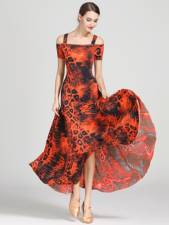 オレンジ 社交ダンス衣装 ティール レディース セクシー ポリエステル 花柄 ストラップ ネック ドレス ダンスドレス