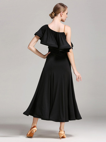 社交ダンス衣装 黒 レディース セクシー アシンメトリー ネック ポリエステル ドレス フリル アシンメトリー ダンスウェア