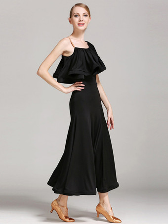 社交ダンス衣装 黒 レディース セクシー アシンメトリー ネック ポリエステル ドレス フリル アシンメトリー ダンスウェア