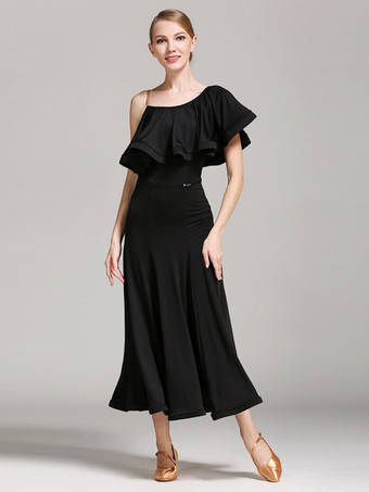 ブラック 社交ダンス衣装 黒 レディース セクシー アシンメトリー ネック ポリエステル ドレス フリル アシンメトリー ダンスウェア