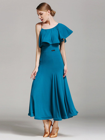 社交ダンス衣装 黒 レディース セクシー アシンメトリー ネック ポリエステル ドレス フリル アシンメトリー ダンスウェア