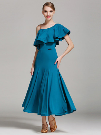 ティール社交ダンス衣装 黒 レディース セクシー アシンメトリー ネック ポリエステル ドレス フリル アシンメトリー ダンスウェア