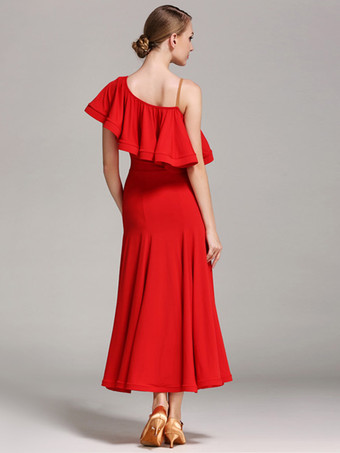 社交ダンス衣装 黒 レディース セクシー アシンメトリー ネック ポリエステル ドレス フリル アシンメトリー ダンスウェア