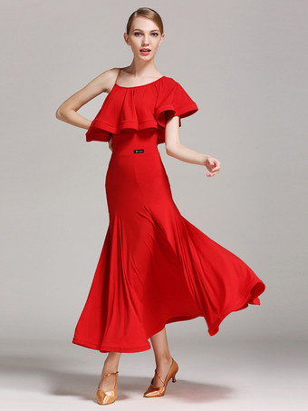 社交ダンス衣装 黒 レディース セクシー アシンメトリー ネック ポリエステル ドレス フリル アシンメトリー ダンスウェア