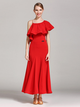 レッド 社交ダンス衣装 黒 レディース セクシー アシンメトリー ネック ポリエステル ドレス フリル アシンメトリー ダンスウェア