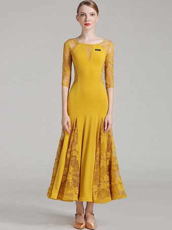 社交ダンス衣装 黄色 女性用 エレガント 透明 ダンスドレス