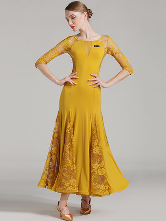 社交ダンス衣装 黄色 女性用 エレガント 透明 ダンスドレス