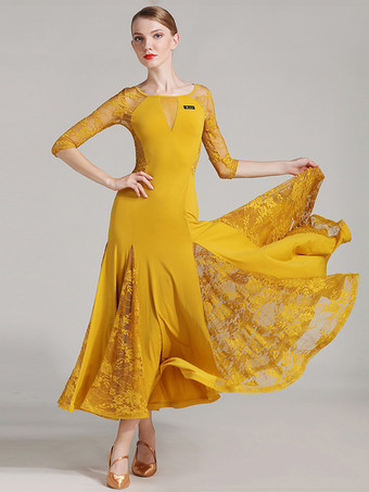 イエロー社交ダンス衣装 黄色 女性用 エレガント 透明 ダンスドレス