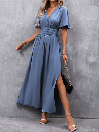 サマードレス 半袖 Vネック サイドスリット デイリーカジュアル マキシドレス