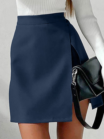 ダークネイビースカート ハイウエスト スプリットレイヤード サマーカジュアルスカート