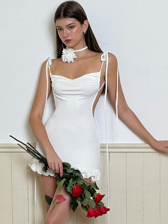 ボディコンドレス タイストラップ フリルエッジ オープンバック セクシー パーティー ミニドレス