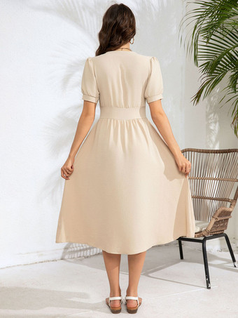 Aラインドレス 半袖 ボタン Vネック 夏 カジュアル ミディドレス