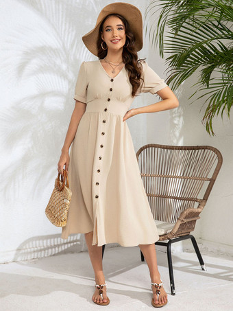 アプリコットAラインドレス 半袖 ボタン Vネック 夏 カジュアル ミディドレス