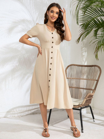 Aラインドレス 半袖 ボタン Vネック 夏 カジュアル ミディドレス
