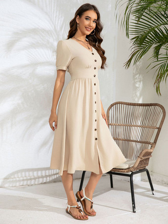 Aラインドレス 半袖 ボタン Vネック 夏 カジュアル ミディドレス