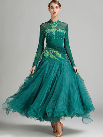 社交ダンス衣装 ピンク レディース セクシー スタンドカラー ポリエステルドレス 花柄 スパンコール ストレッチ ダンスウェア