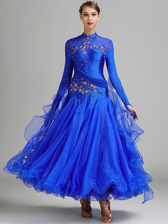 ロイヤルブルー社交ダンス衣装 ピンク レディース セクシー スタンドカラー ポリエステルドレス 花柄 スパンコール ストレッチ ダンスウェア