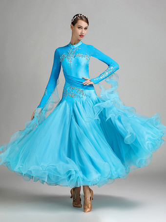 ライトスカイブルー社交ダンス衣装 ピンク レディース セクシー スタンドカラー ポリエステルドレス 花柄 スパンコール ストレッチ ダンスウェア