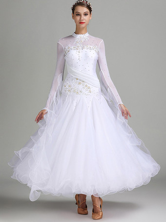 ホワイト 社交ダンス衣装 ピンク レディース セクシー スタンドカラー ポリエステルドレス 花柄 スパンコール ストレッチ ダンスウェア