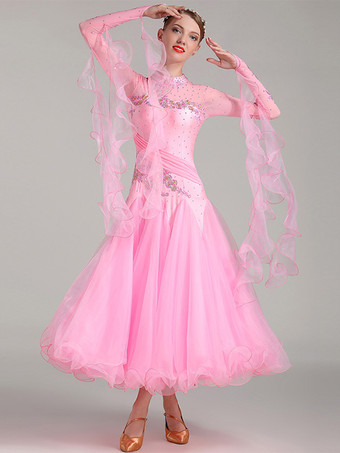 ピンク社交ダンス衣装 ピンク レディース セクシー スタンドカラー ポリエステルドレス 花柄 スパンコール ストレッチ ダンスウェア