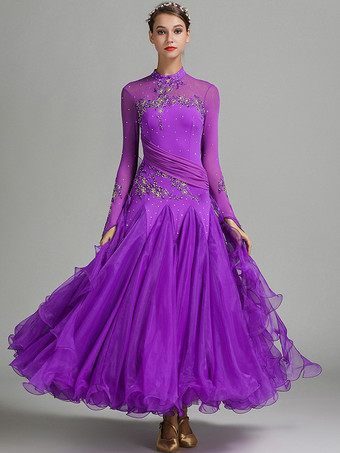 パープル 社交ダンス衣装 ピンク レディース セクシー スタンドカラー ポリエステルドレス 花柄 スパンコール ストレッチ ダンスウェア