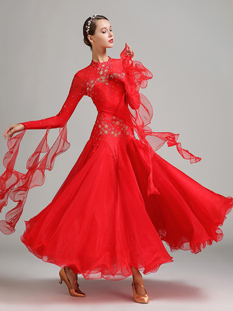 レッド 社交ダンス衣装 ピンク レディース セクシー スタンドカラー ポリエステルドレス 花柄 スパンコール ストレッチ ダンスウェア