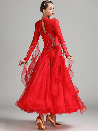 社交ダンス衣装 ピンク レディース セクシー スタンドカラー ポリエステルドレス 花柄 スパンコール ストレッチ ダンスウェア