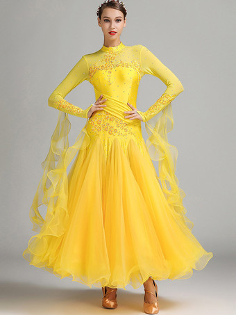 イエロー社交ダンス衣装 ピンク レディース セクシー スタンドカラー ポリエステルドレス 花柄 スパンコール ストレッチ ダンスウェア