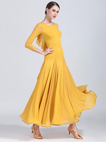 イエロースタンダード社交ダンスドレス レディース 長袖 ワルツ タンゴ 練習用ドレス モダンウェア パフォーマンススカート